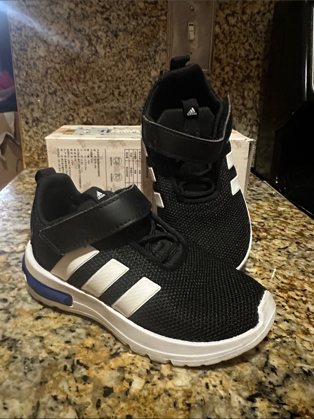 adidas Black and White Kids Sneakers with Blue Heel Accent